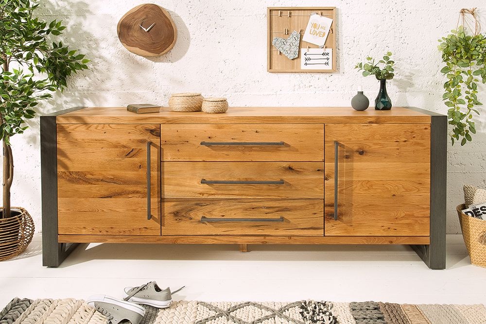 Massivholz Sideboard THOR 200cm mit Schubladen natur Wildeiche geölt Metall schwarz