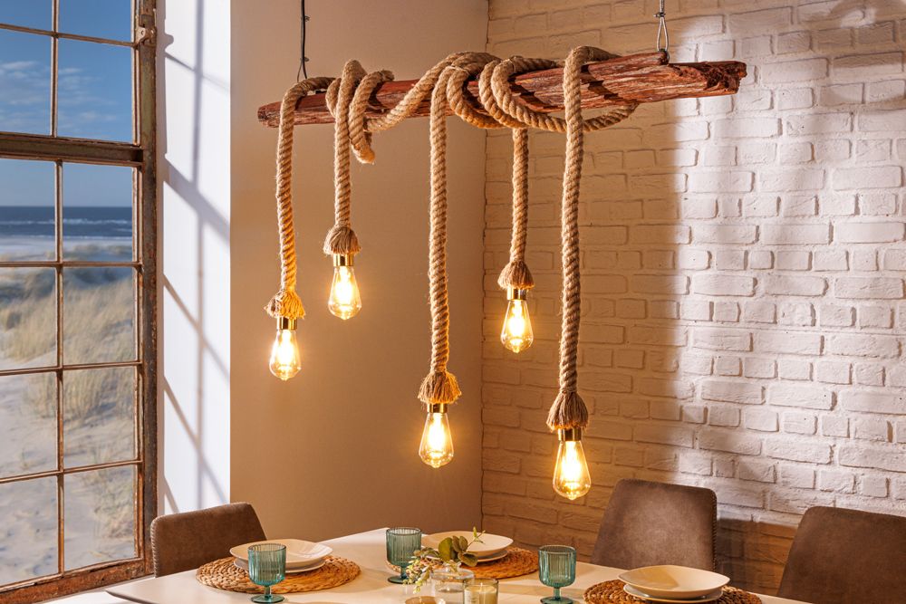 Maritime Hängeleuchte SEVEN SEAS 110cm Massivholz Seil Deckenlampe 5 Leuchten