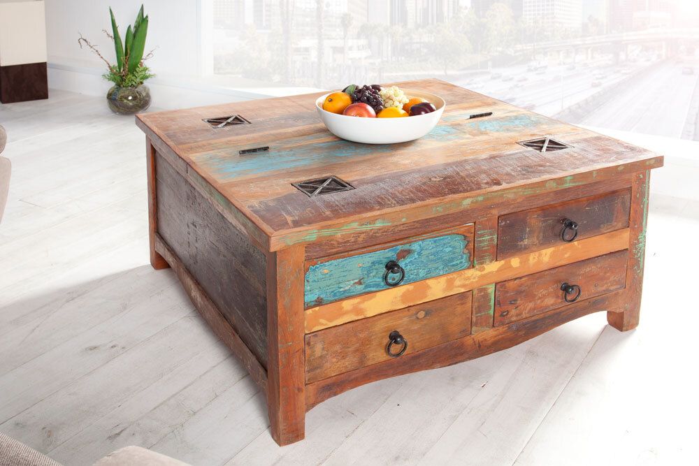 Massiver Couchtisch JAKARTA 70cm bunt Truhe aus recycelten Fischerbooten Holz mit Schubladen