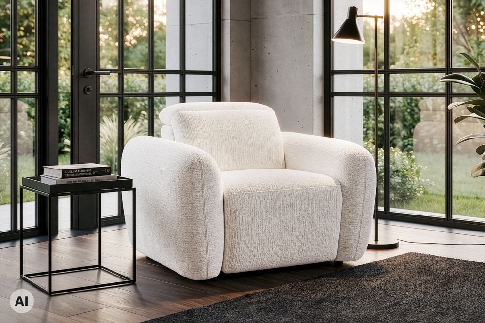 Sessel MILANO 110cm beige Bouclé Tweed Soft elektrisch verstellbare Fuß- und Kopfstütze