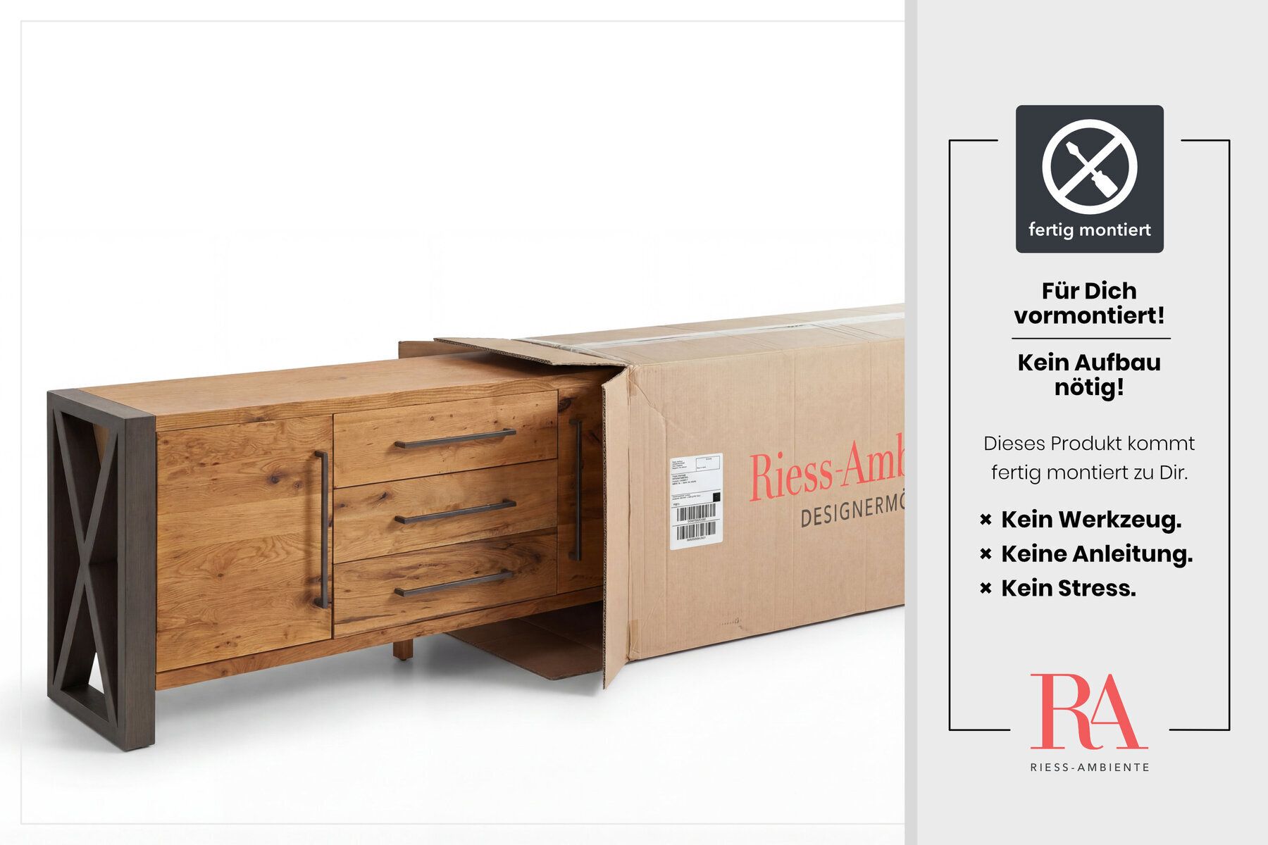Massivholz Sideboard THOR 200cm mit Schubladen natur Wildeiche geölt Metall schwarz