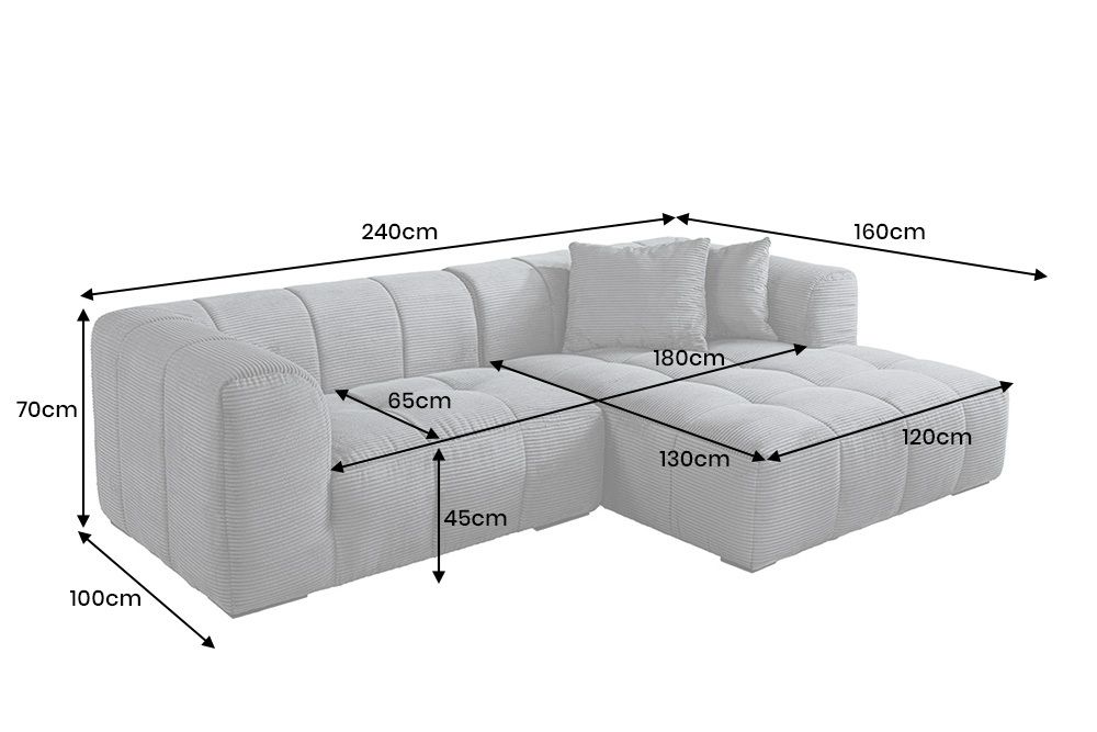 Modernes Ecksofa ZERO GRAVITY 240cm dunkelgrau Cord 3-Sitzer Couch L-Form