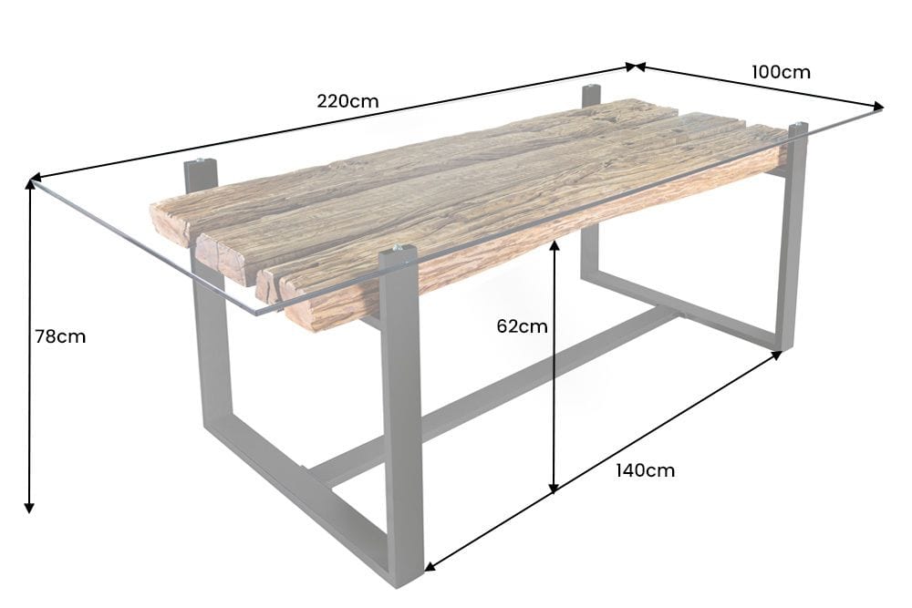 Design Glas Esstisch BARRACUDA 220cm natur Teak Massivholz schwarz Kufengestell