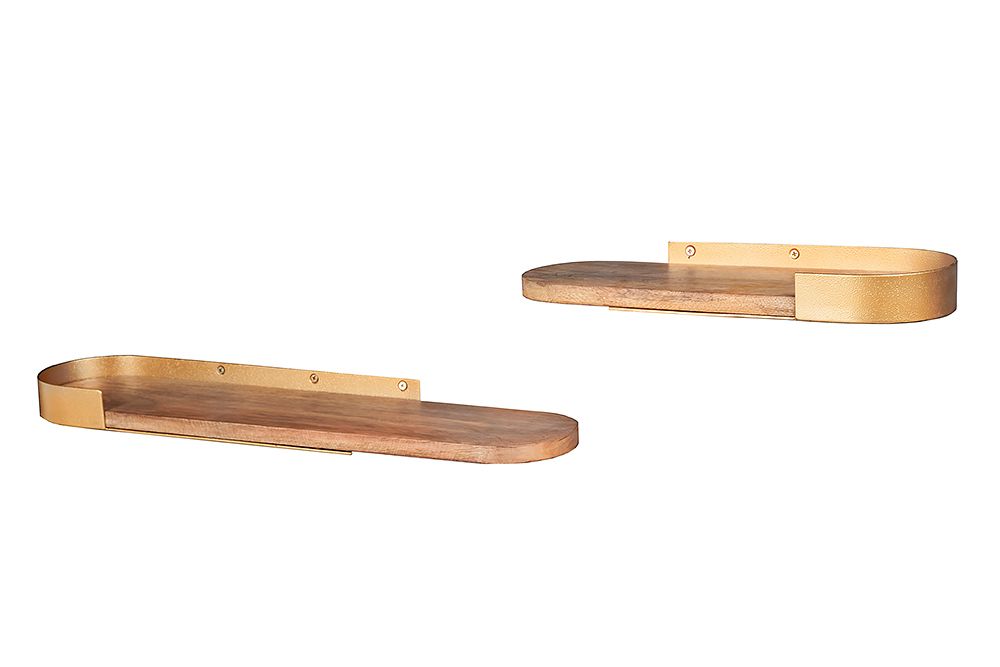 Modernes 2er Set Wandregal PURE NATURE 60cm gold Mangoholz massiv Metall handmade