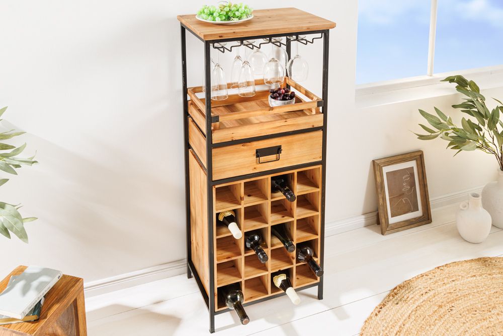 Massivholz Weinregal SEVENS SEAS 120cm natur Pinienholz schwarz Metall Flaschenregal