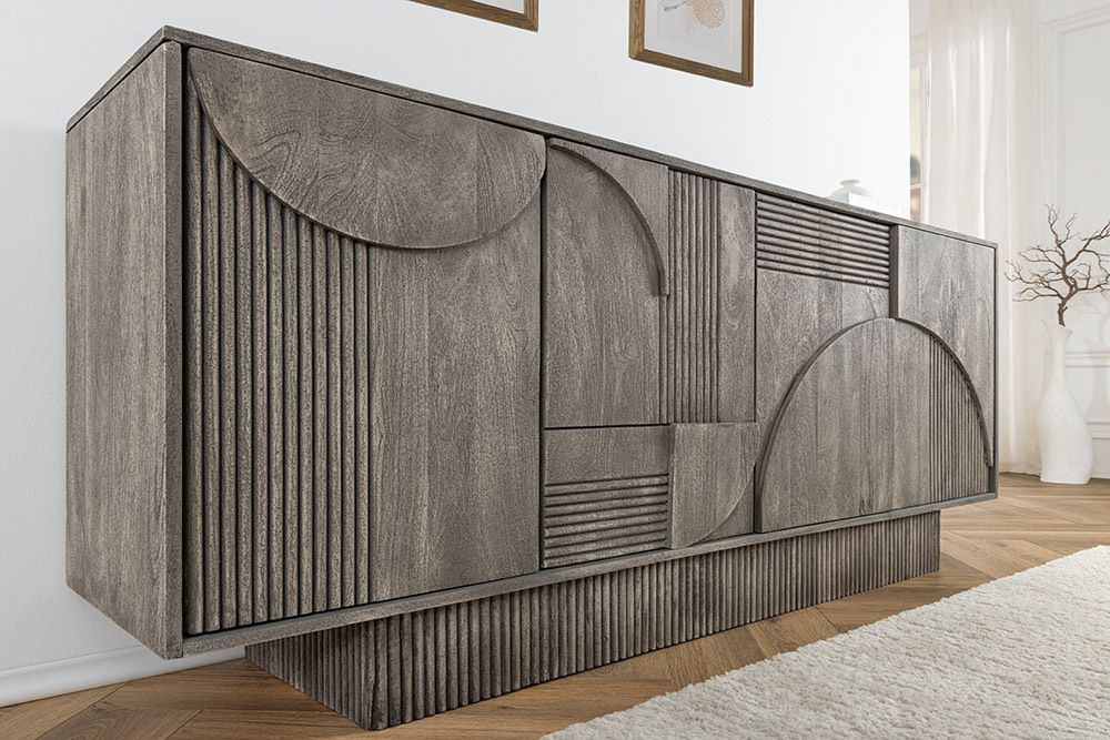 Design Sideboard ART DECO 170cm grau smoked Mangoholz massiv 3D-Front