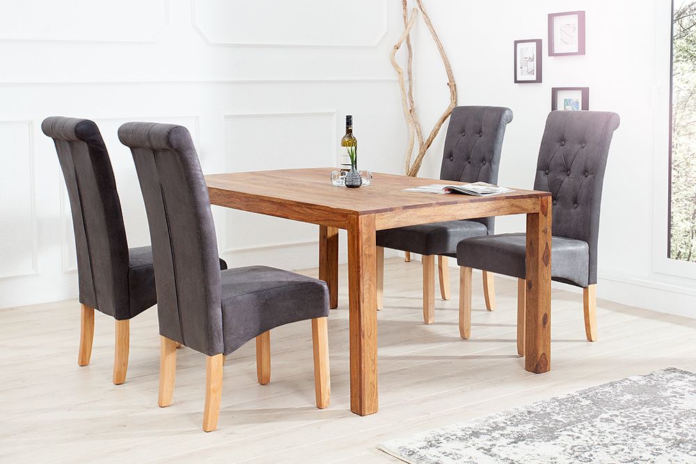 Edler Stuhl CASA vintage grau mit Zierknöpfen Massivholzbeine