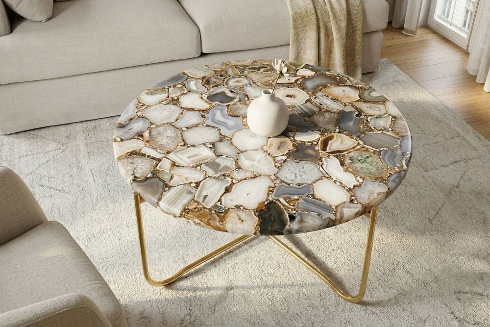 Runder Couchtisch NOBLE 65cm Edelstein Achat abnehmbare Tischplatte goldenes Metallgestell