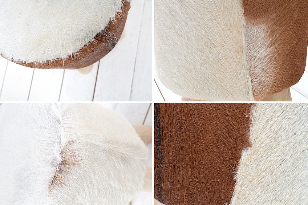 Design Sitzhocker HIDE 45cm braun weiß mit Ziegenfell und Teakholz