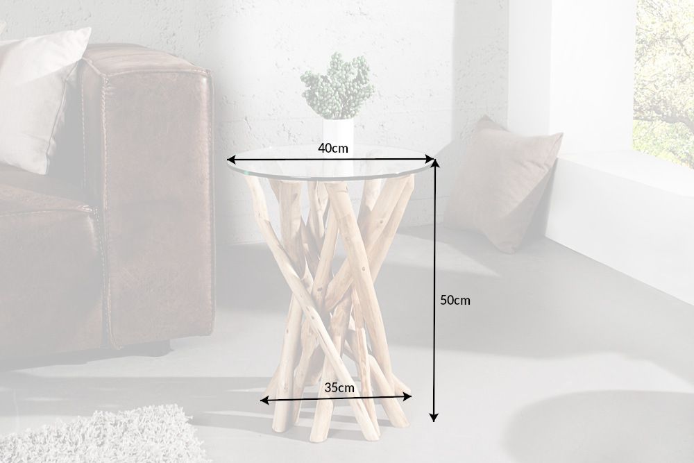 Design Beistelltisch DRIFTWOOD 40cm Teakholz mit Glasplatte rund Couchtisch