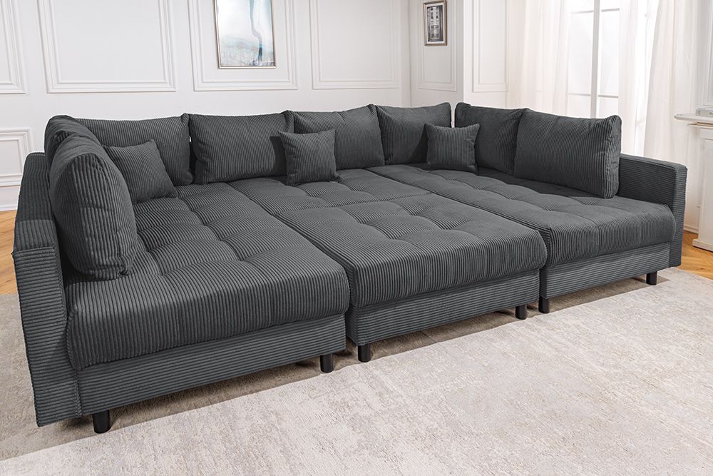 Moderne XXL Wohnlandschaft KENT 305cm anthrazit Cord Bigsofa inkl. Hocker Federkern