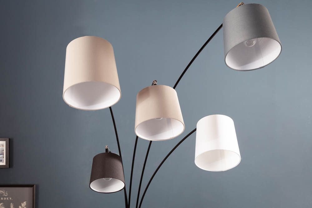 Design Bogenlampe LEVELS 205cm schwarz grau 5 Leinenschirme Stehlampe