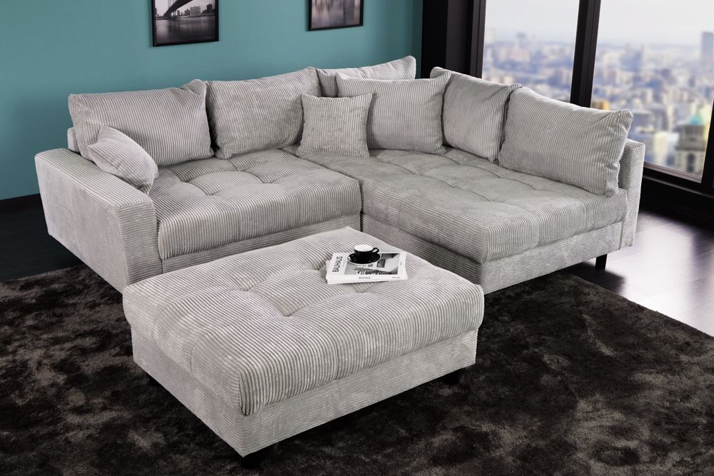 Modernes Ecksofa KENT 220cm hellgrau Cord inkl. Hocker Federkern L-Form Wohnlandschaft