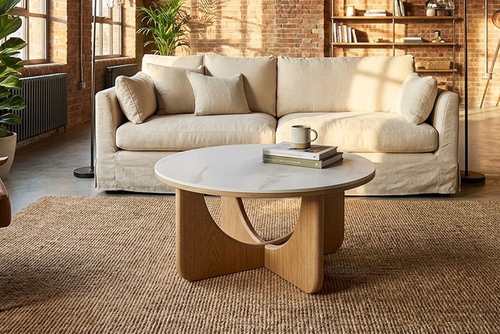 Runder Couchtisch ENSO 80cm weiß Marmor Keramik Eichenholz