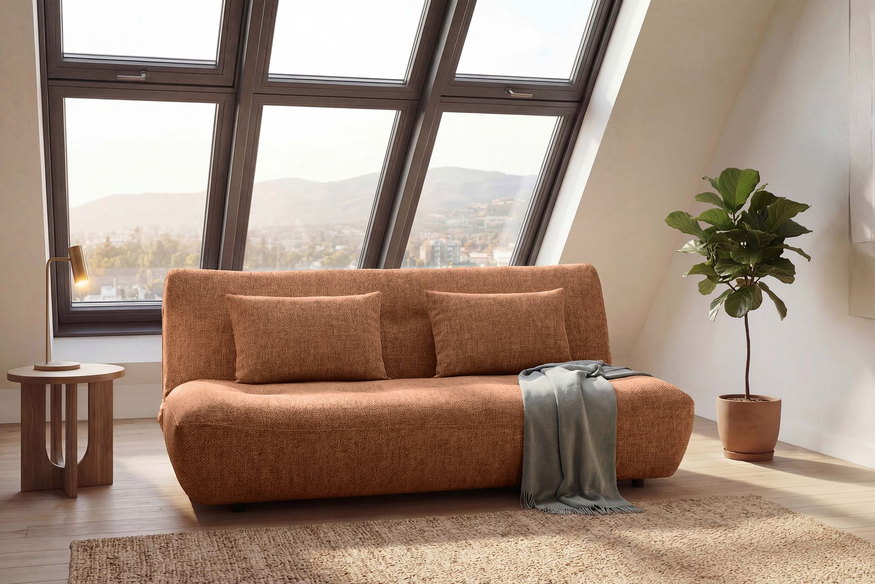 Modernes Schlafsofa ELYPSE 200cm rostbraun Chenillestoff 3-Sitzer Couch inkl. Kissen