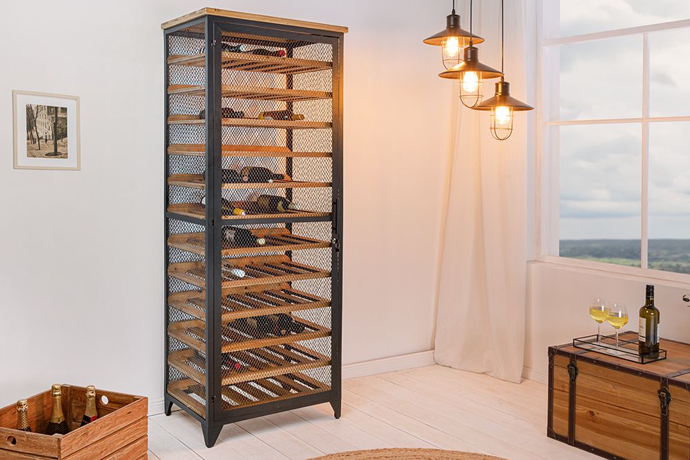 Design Weinschrank BODEGA 185cm natur schwarz Tannenholz Metall Flaschenregal