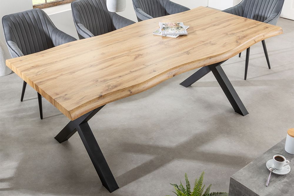 Industrial Esstisch WILD 180cm braun Wildeiche-Design Baumkante schwarz X-Gestell