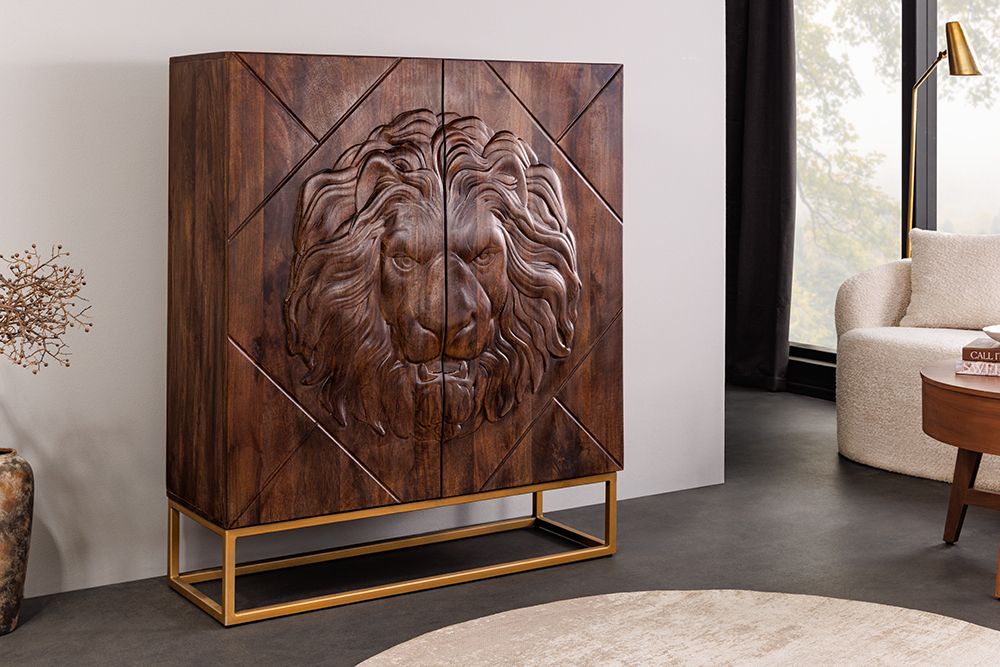 Massives Highboard LION 120cm braun Mangoholz gold Metall 3D Schnitzereien Kunstwerk