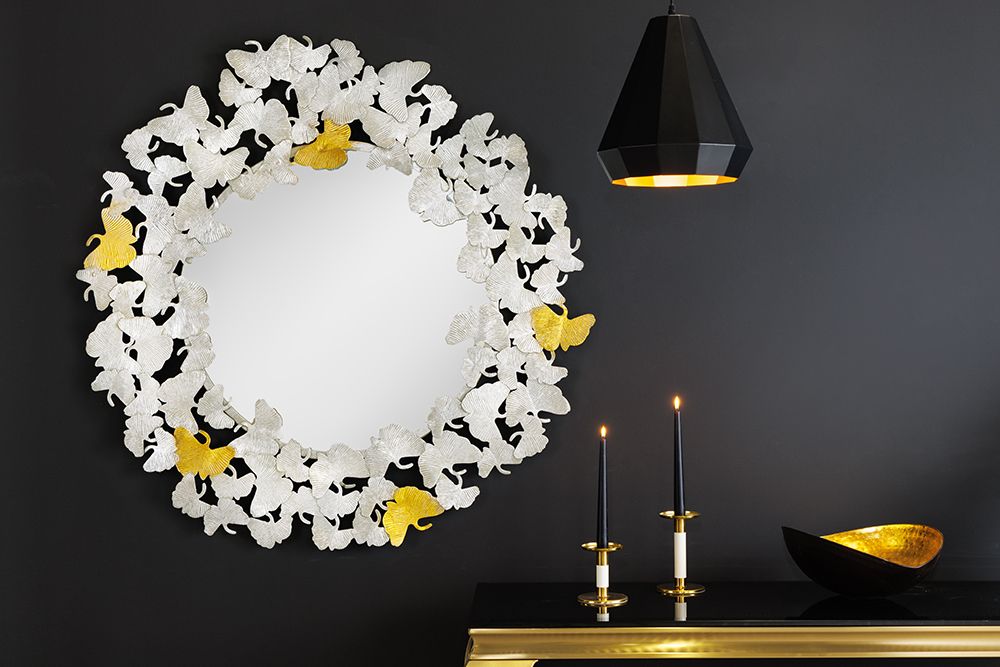Dekorativer Wandspiegel GINKGO LEAFS XL 90cm gold silber rund aus Metall handmade