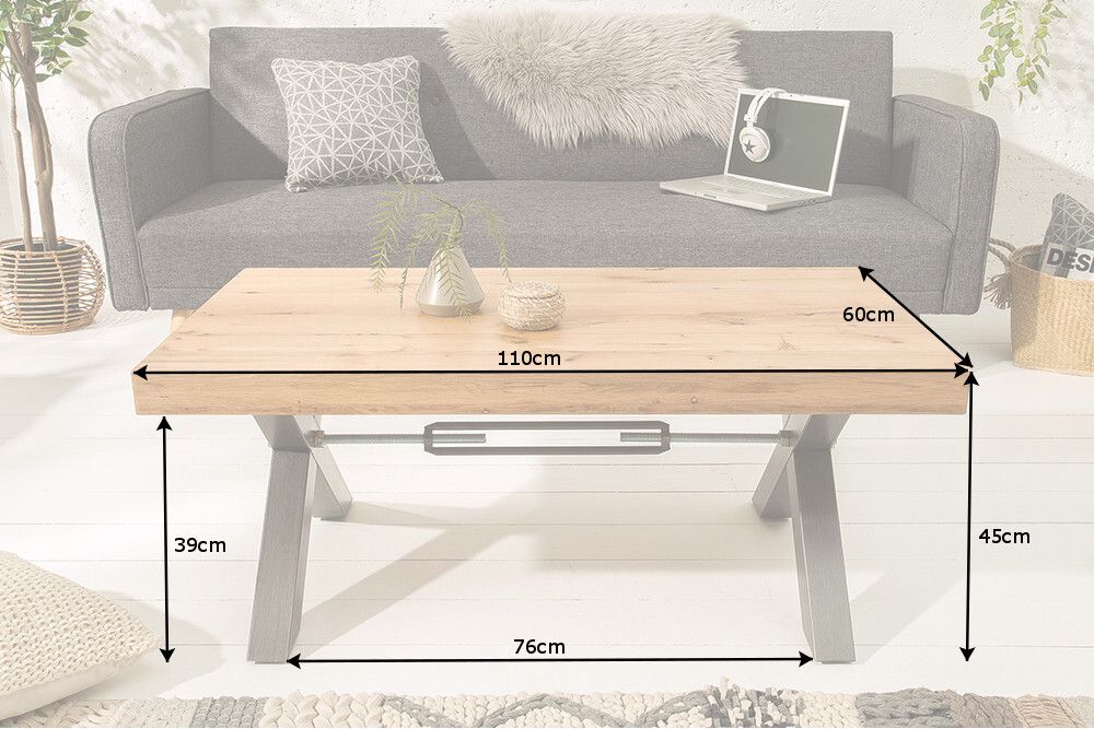 Massivholz Couchtisch THOR 110cm Wildeiche geölt X-Gestell Metall anthrazit Industrial Design