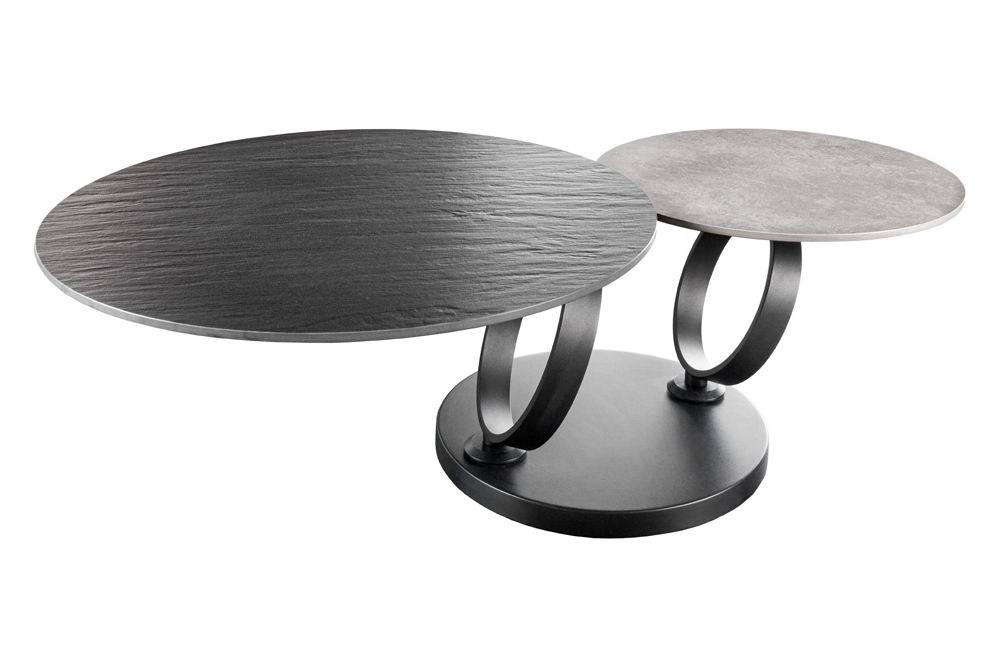 Design Couchtisch DANCING RINGS schwarz grau rund drehbar Keramik Metall