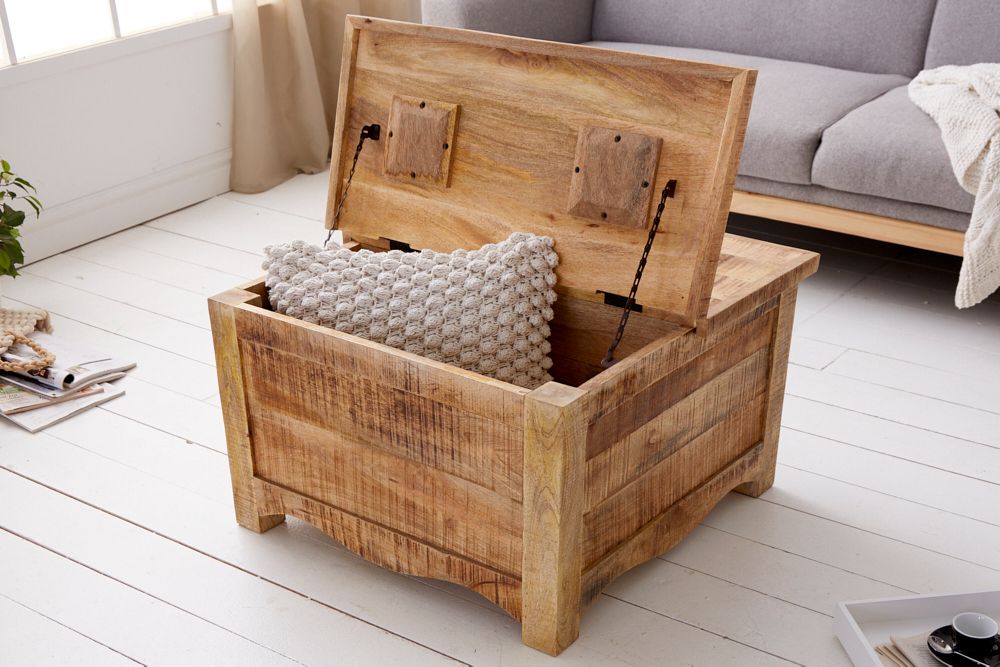 Massiver Couchtisch IRON CRAFT 70cm natur Holz Truhe mit Schubladen und Stauraum