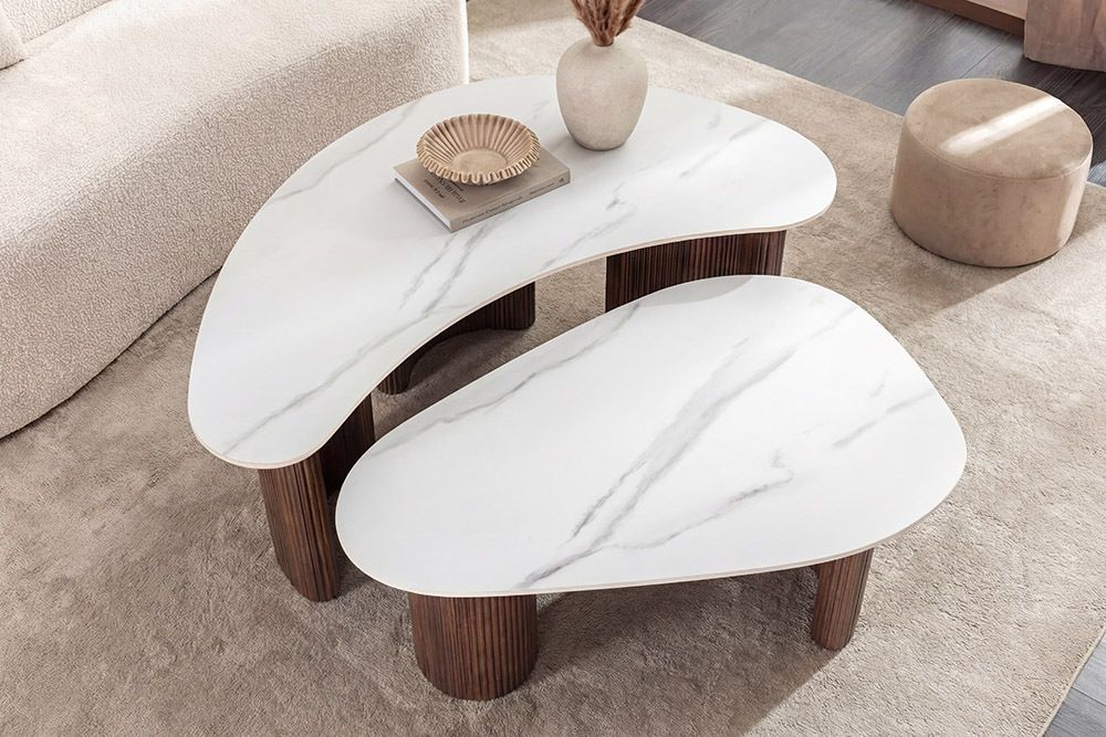 2er Set Couchtische OSAKA 120cm weiß Marmor Keramik Walnuss