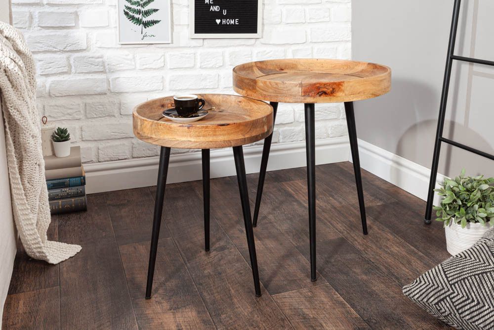Massiver Beistelltisch PURE NATURE 35cm natur Mangoholz rund mit schwarzen Metallbeinen