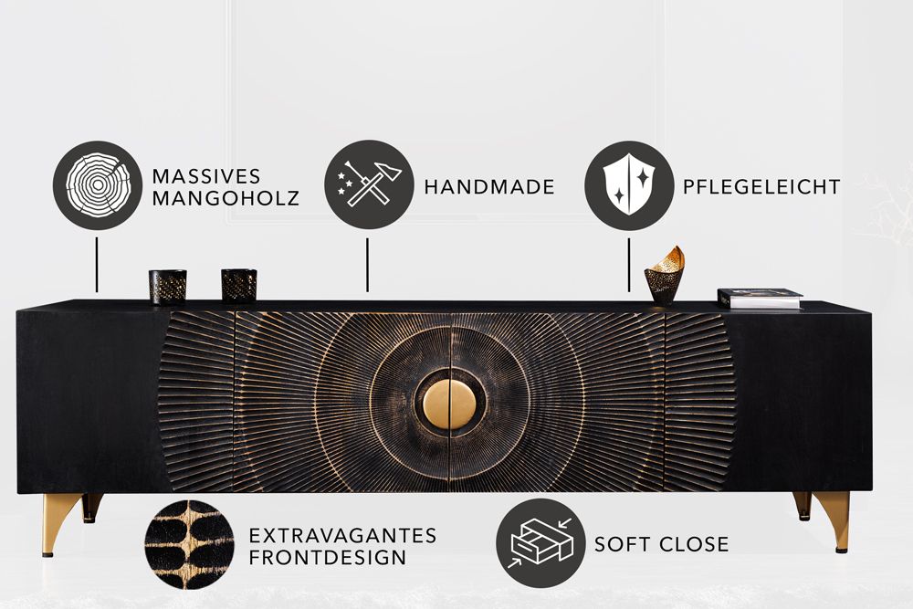Handgearbeitetes TV-Lowboard GOLDEN SUNSET 180cm schwarz mit 3D Schnitzereien gold Mangoholz massiv Metallfüße