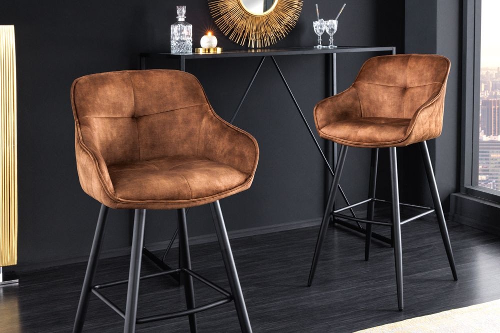 Design Barhocker EUPHORIA rost braun Samt schwarze Metallbeine Barstuhl mit Lehne