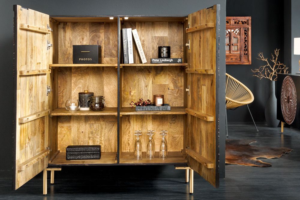 Massives Highboard MANDALA 120cm Mangoholz mit 3D Schnitzereien schwarz goldene Füße