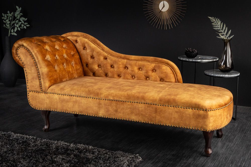 Design Récamière CHESTERFIELD 170cm senfgelb Samt Knopfheftung Nietenbesatz
