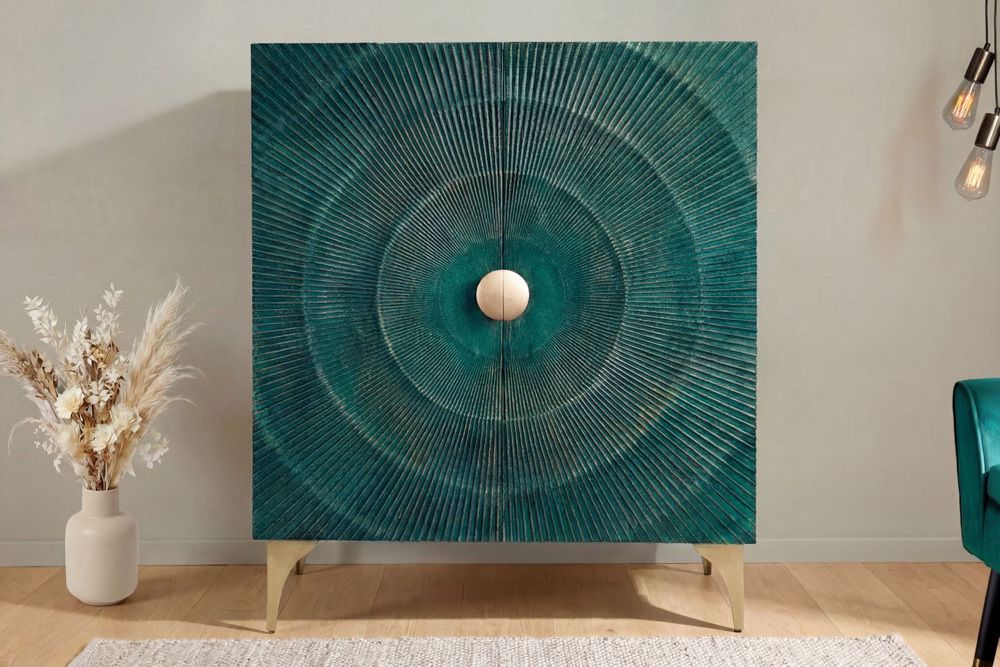 Massives Highboard GOLDEN SUNSET 120cm türkis gold Mangoholz mit 3D Schnitzereien