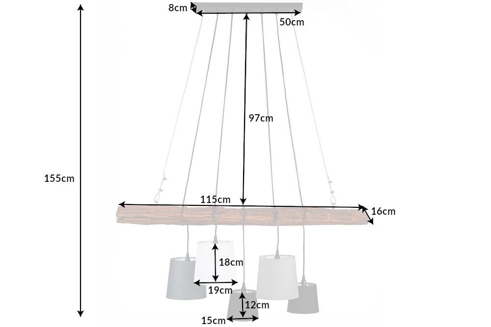 Design Hängelampe LEVELS 115cm Treibholz schwarz grau mit 5 Leuchten