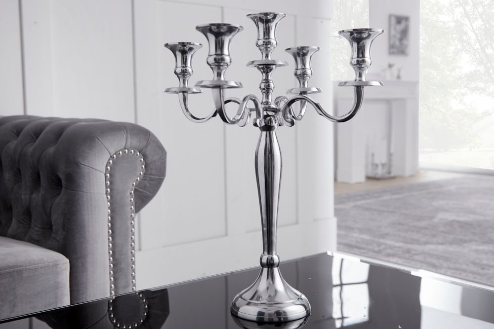 Kerzenständer MODERN BAROCK 40cm silber 5-armig Lüster Aluminium poliert Kerzenhalter