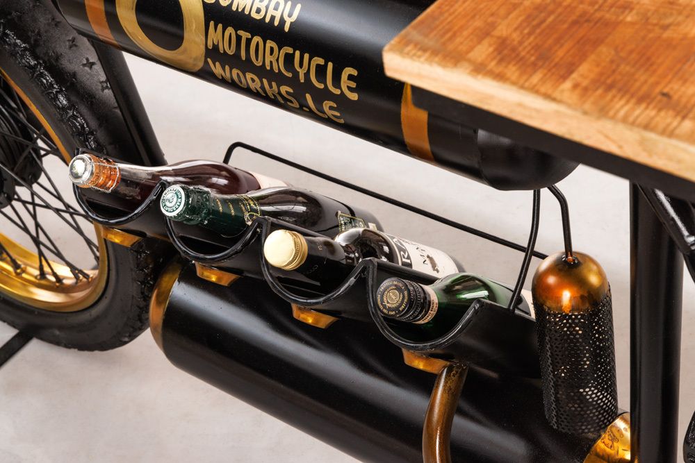 Industrial Konsolentisch MOTORCYCLE 185cm Mangoholz schwarz Motorrad Bartheke Upcycling