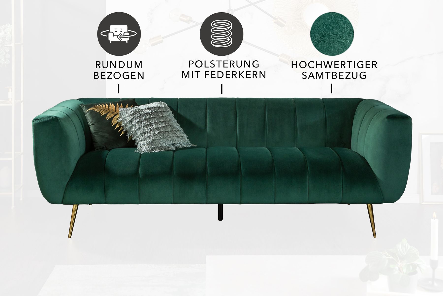 Design 3-Sitzer Sofa NOBLESSE 225cm smaragdgrün Samt Federkern goldene Metallfüße