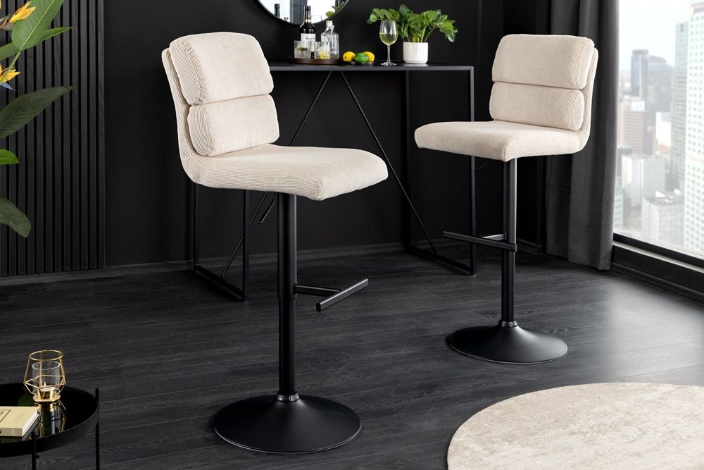 Höhenverstellbarer Barhocker COMFORT beige Cord drehbar mit Lehne schwarz Metall » Jetzt kaufen