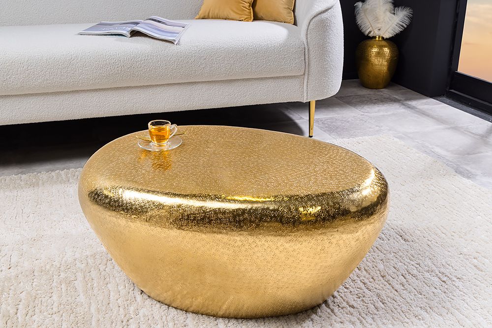 Handgefertigter Couchtisch STONE 75cm gold Metall Hammerschlag Design