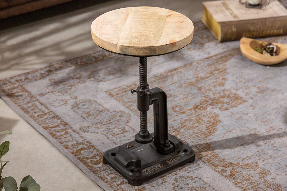 Höhenverstellbarer Beistelltisch ENGINEER 30cm Mangoholz Industrial Design massiv rund Eisen