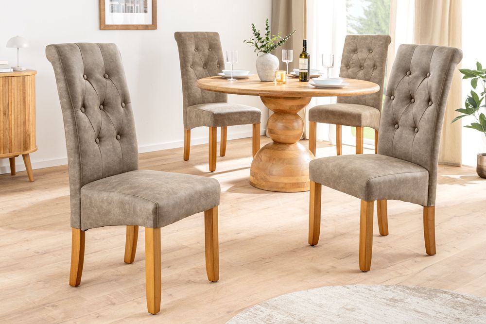 Design Stuhl CASA taupe Microfaser mit Zierknöpfen Massivholzbeine