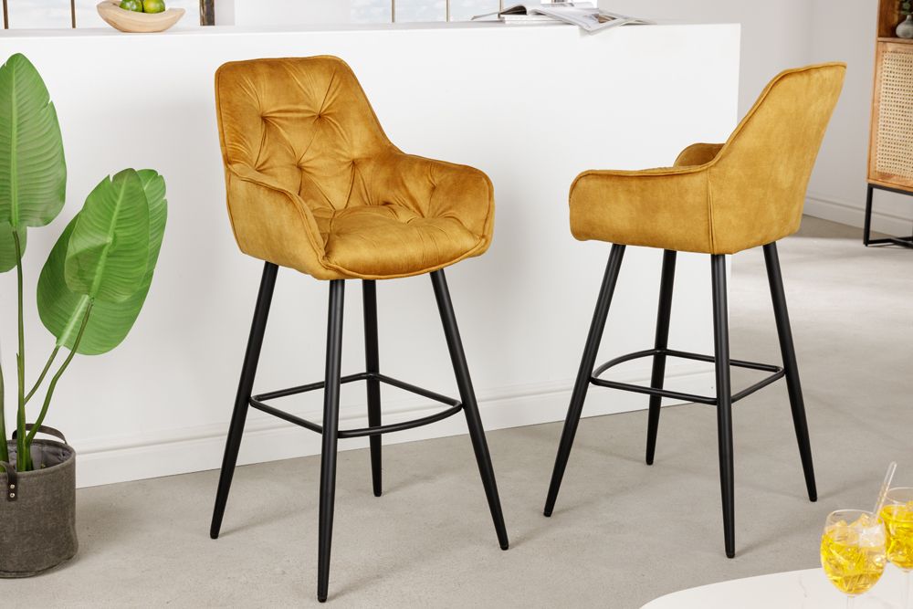 Design Barhocker MILANO senfgelb Samt Barstuhl mit Lehne Metall schwarz