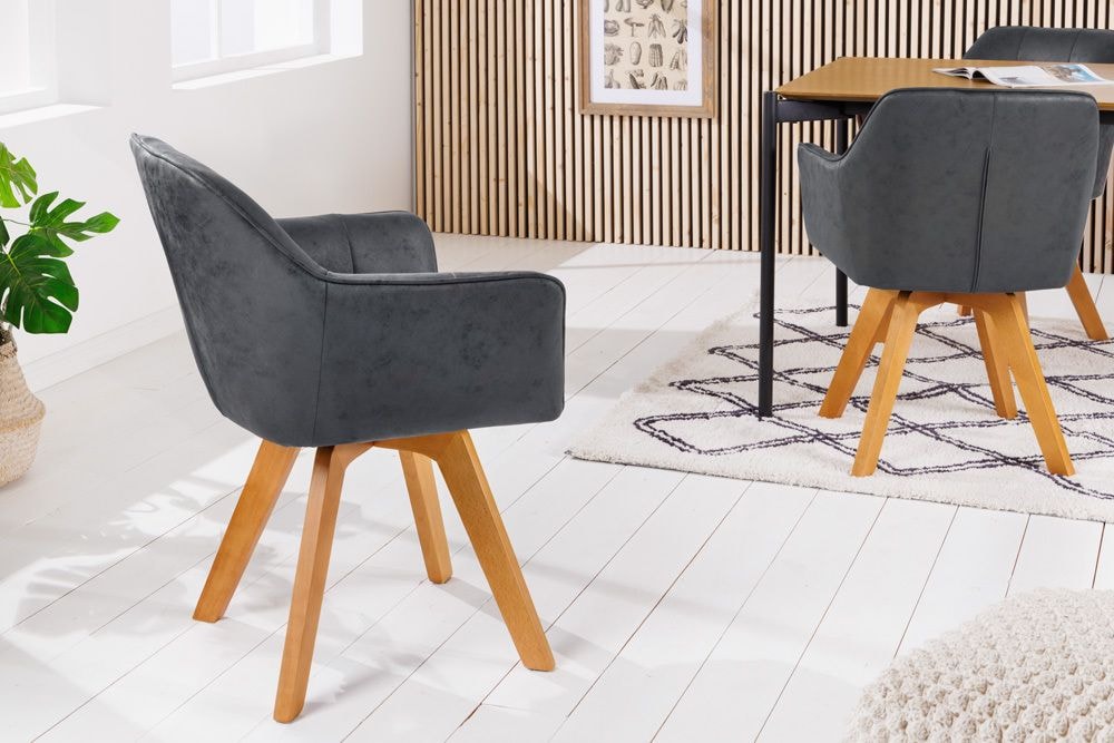 Design Stuhl LOFT antik grau Microfaser drehbar massiv Buchenholz mit Armlehne