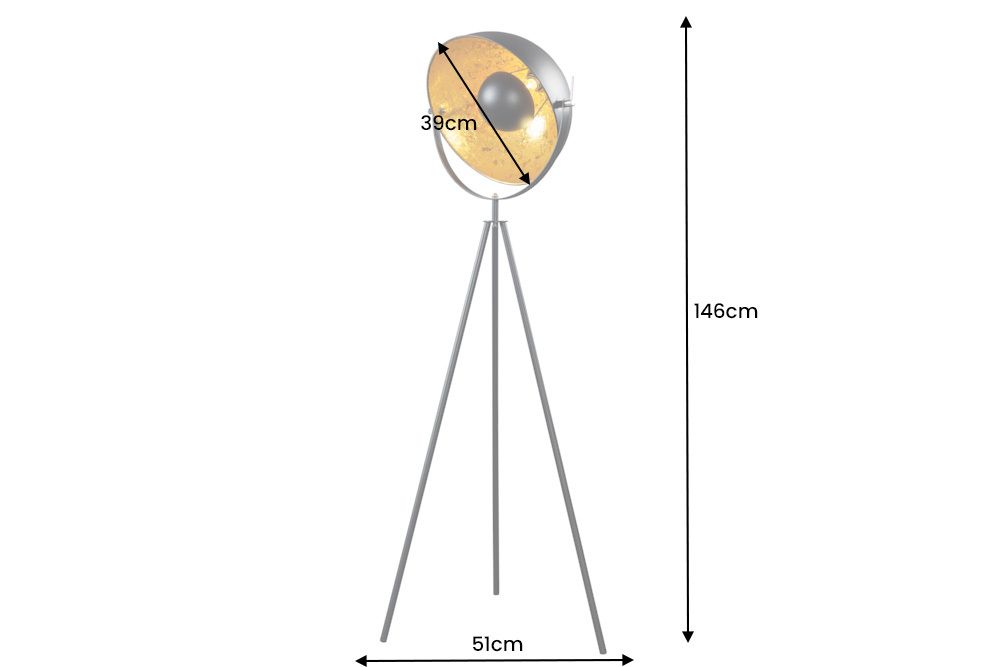 Industrial Stehlampe STUDIO 150cm schwarz Blattgold-Optik neigbarer Schirm