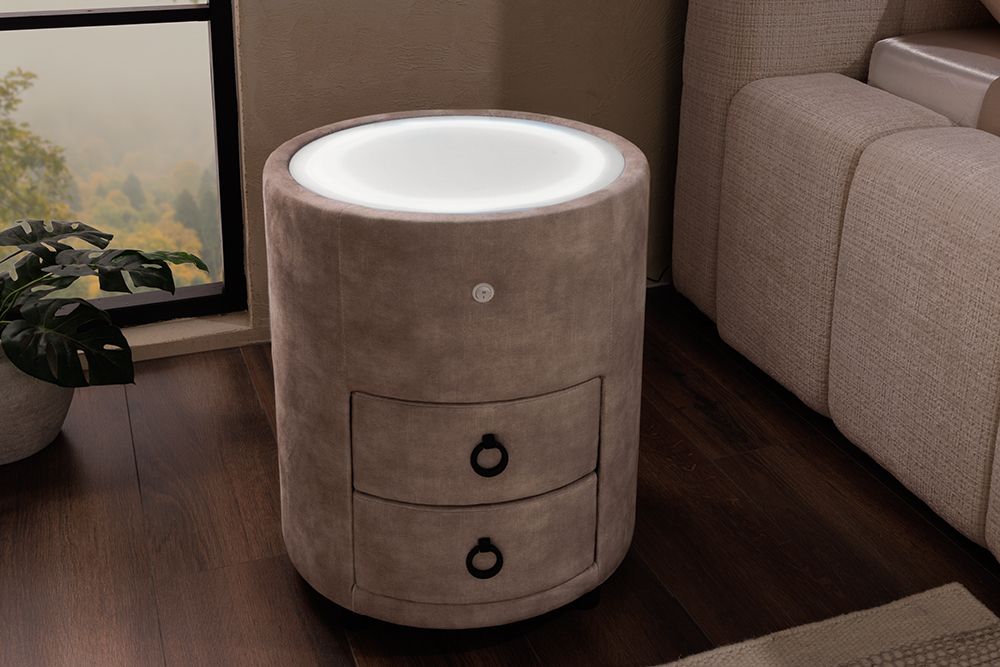 Runder Nachttisch SIGNUM 55cm champagner beige Vogue Seiden Samtstoff inkl. Beleuchtung