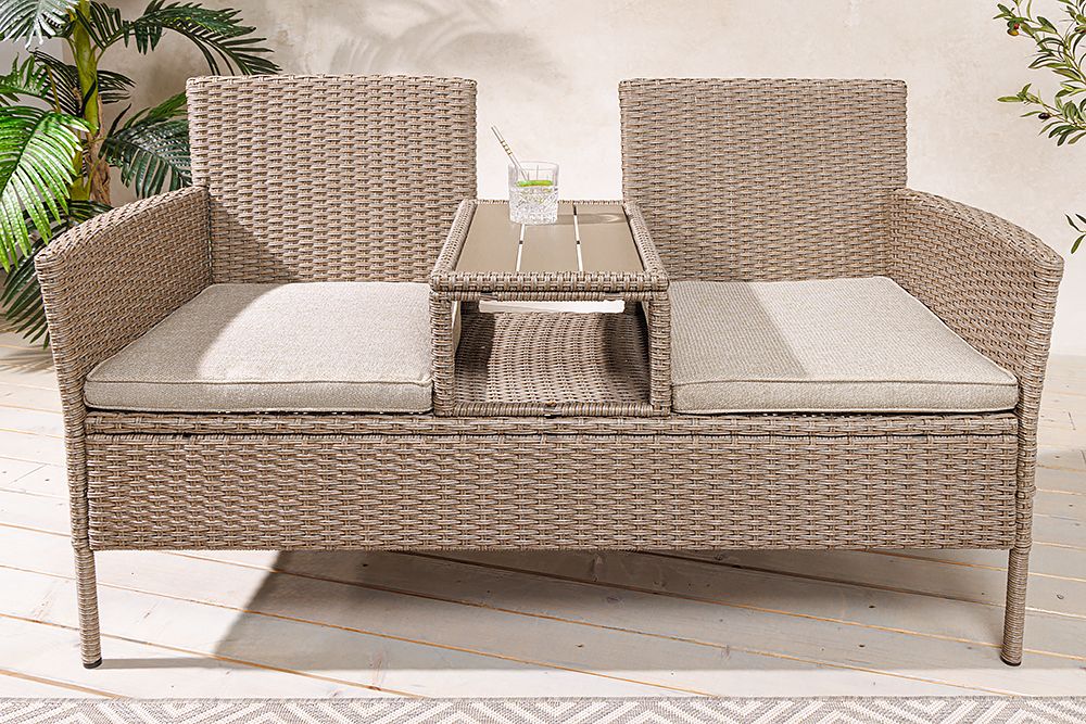 Moderne Gartenbank PORTOFINO 140cm natur beige Polyrattan Sitzbank mit Tisch wetterfest