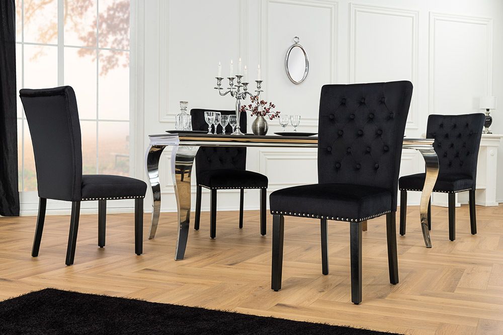 Chesterfield Stuhl CASTLE schwarz Samt Gummiholz Ziernieten