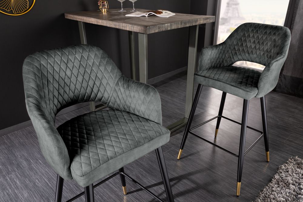 Design Barhocker PARIS grün Samt mit Lehne Metall schwarz gold Ziersteppung