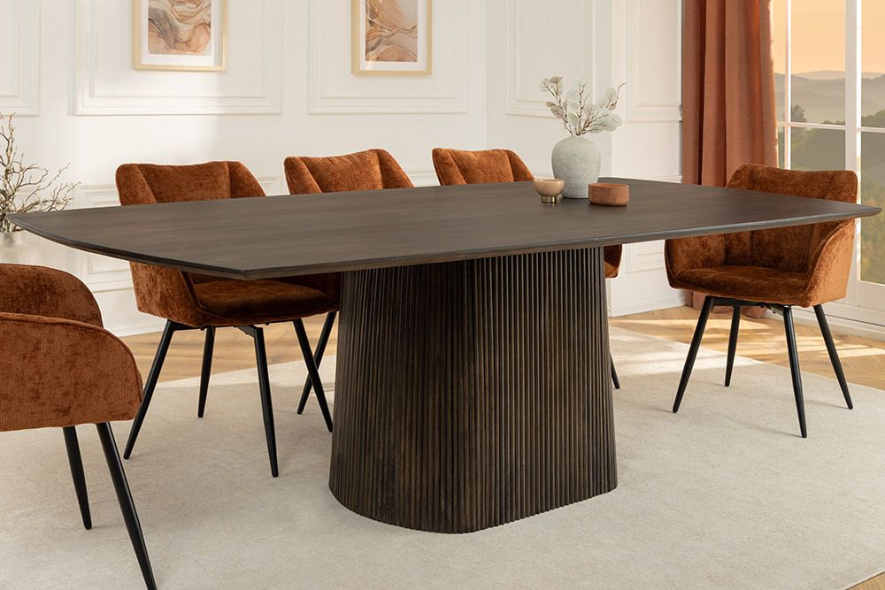 Design Esstisch GRAND 200cm dunkelbraun Mangoholz Bootsform mit Sockel