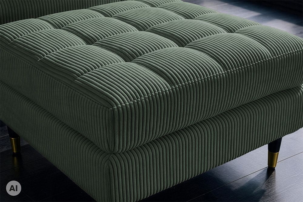 Design Hocker COZY VELVET 80cm grün Cord schwarz mit goldener Metallkappe